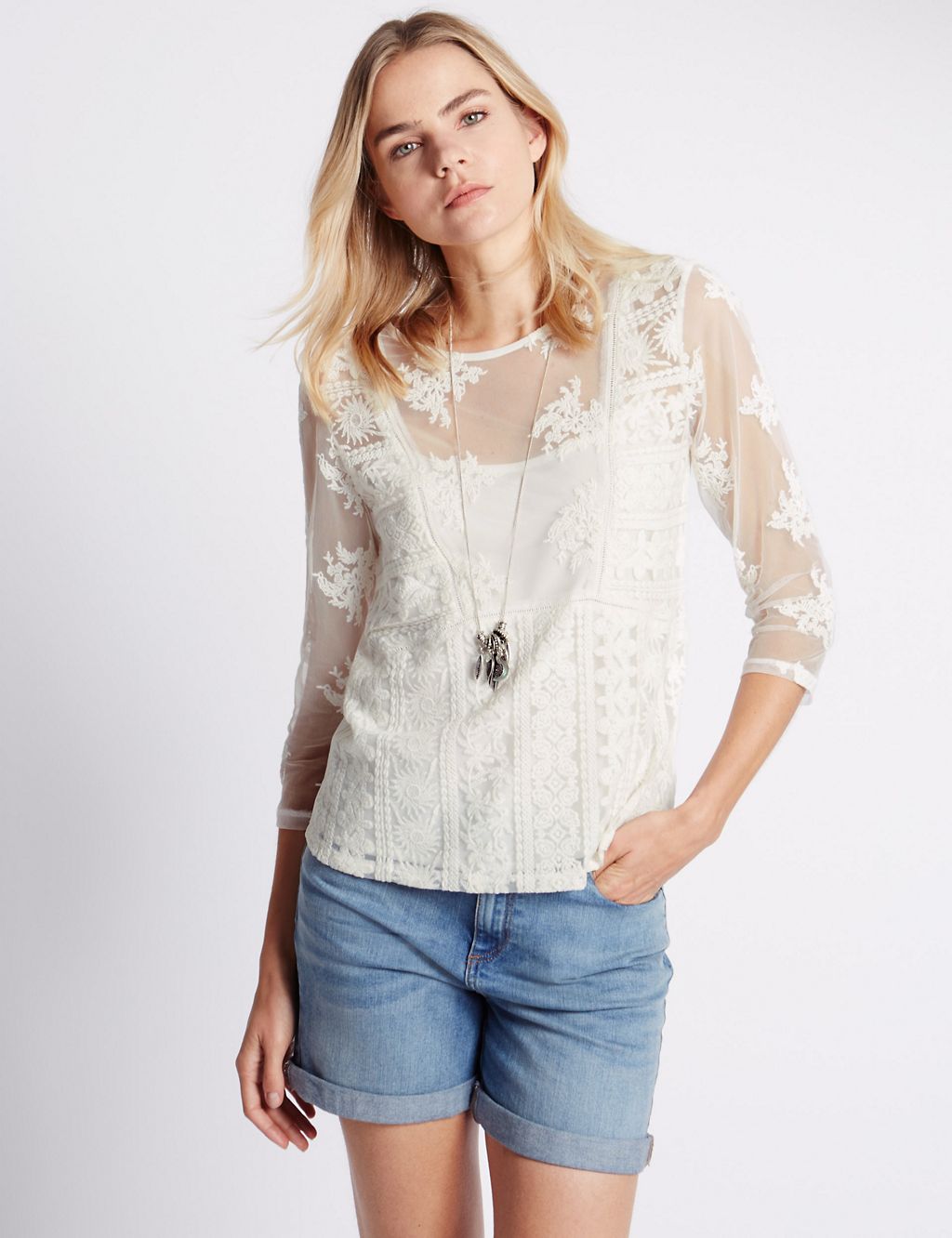 Embroidered Mesh Top with Camisole 3 of 3