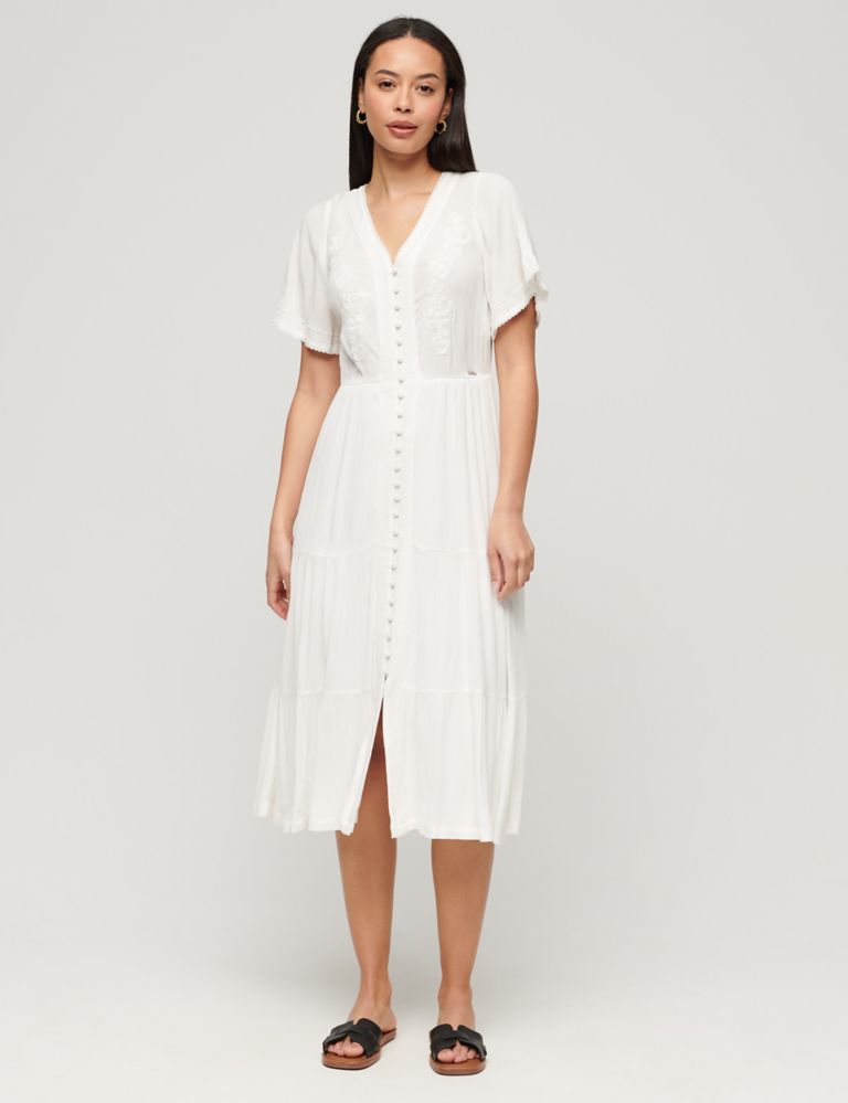 Embroidered Midi Relaxed Smock Dress 1 of 6