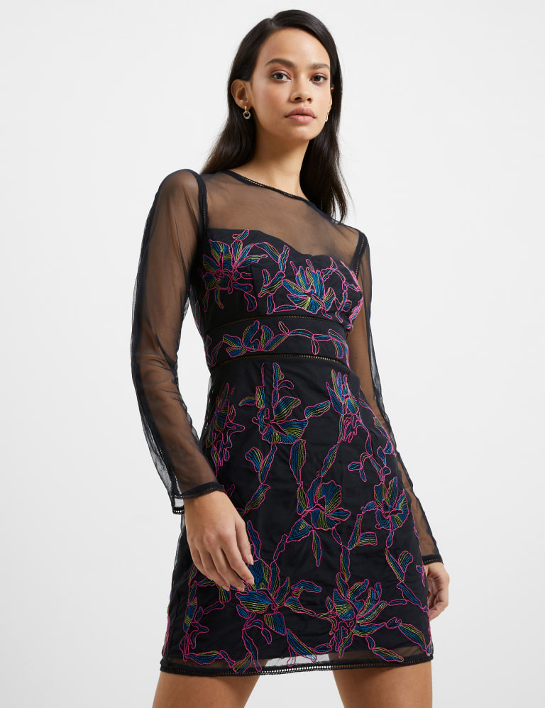 Black mesh floral embroidered strappy shop bodycon dress