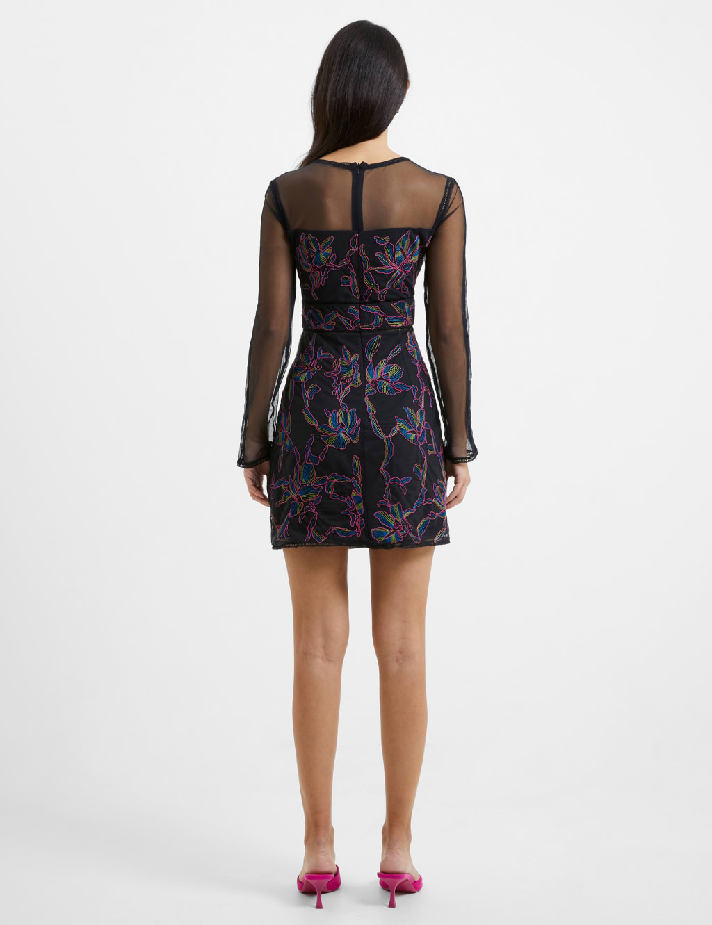 Black mesh floral embroidered strappy bodycon dress on sale