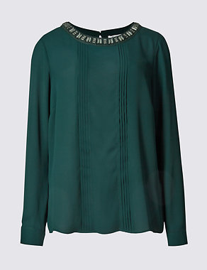 Embroidered Neck Long Sleeve Blouse Image 2 of 4