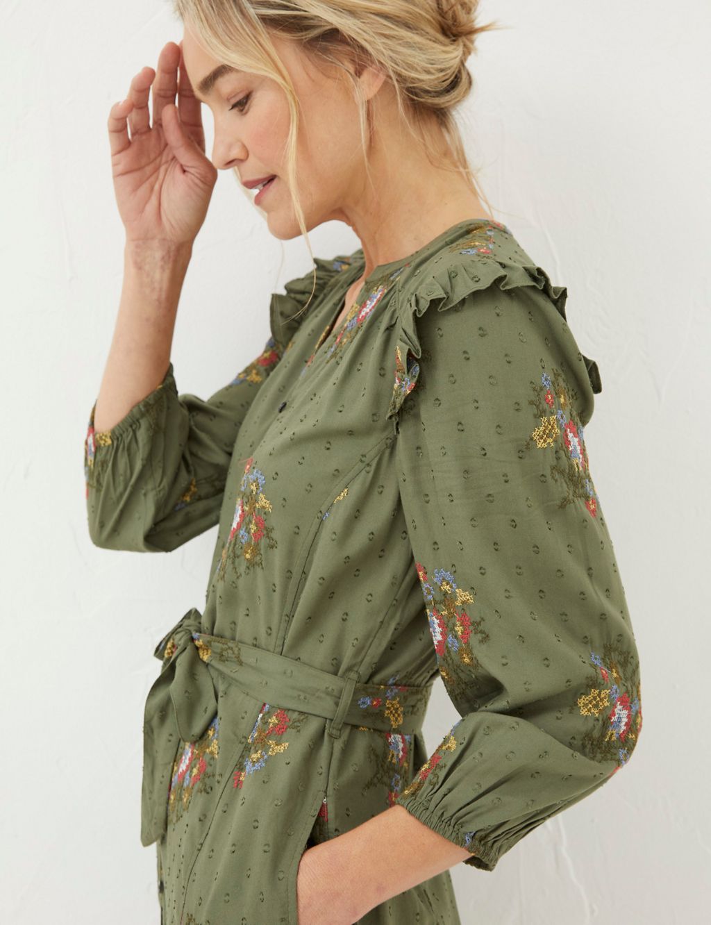 Embroidered Notch Neck Belted Shirt Dress 4 of 5