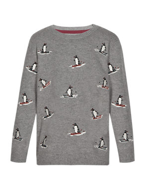 Embroidered Penguin Print Jumper with Wool (1-7 Years) Image 2 of 3