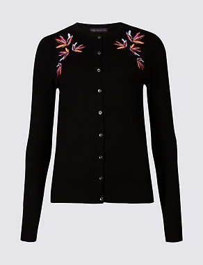 Embroidered Round Neck Long Sleeve Cardigan Image 2 of 5