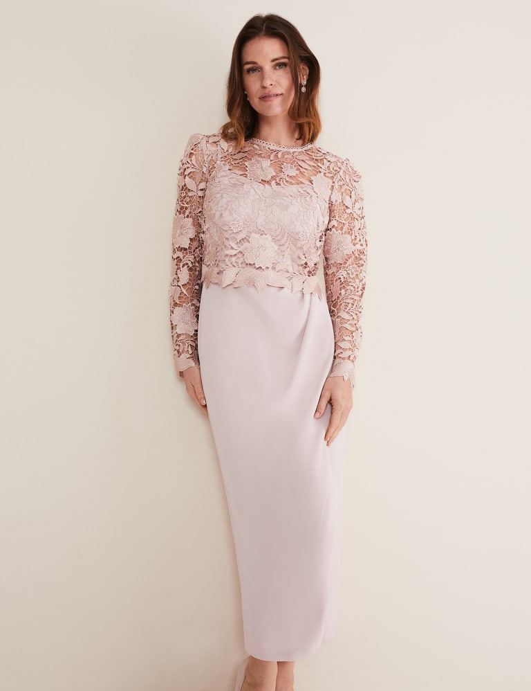 Embroidered Round Neck Midi Column Dress 3 of 5