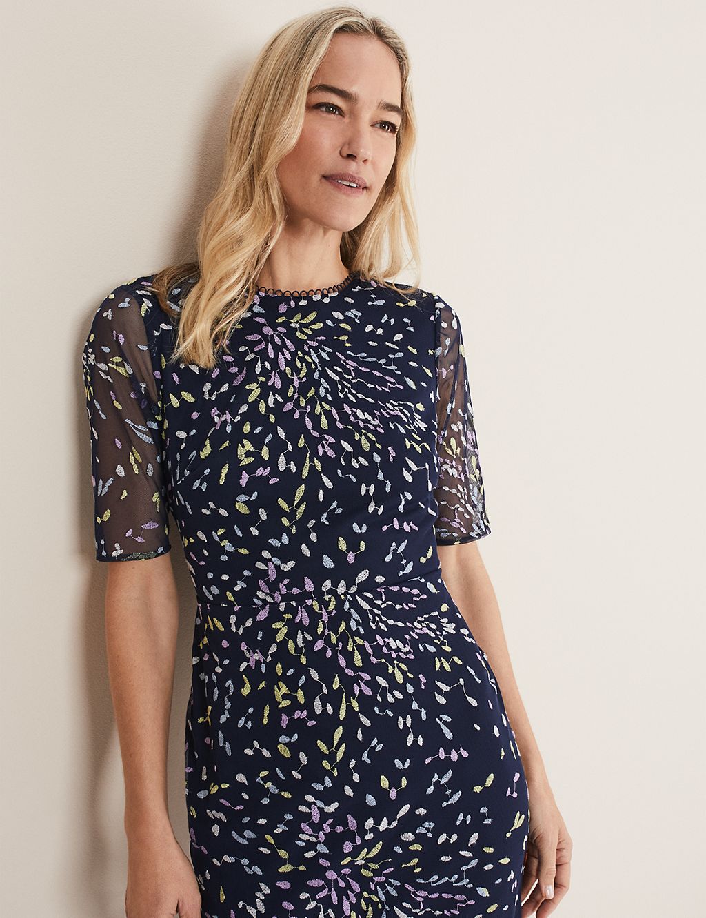 Embroidered Round Neck Midi Tailored Dress 4 of 6