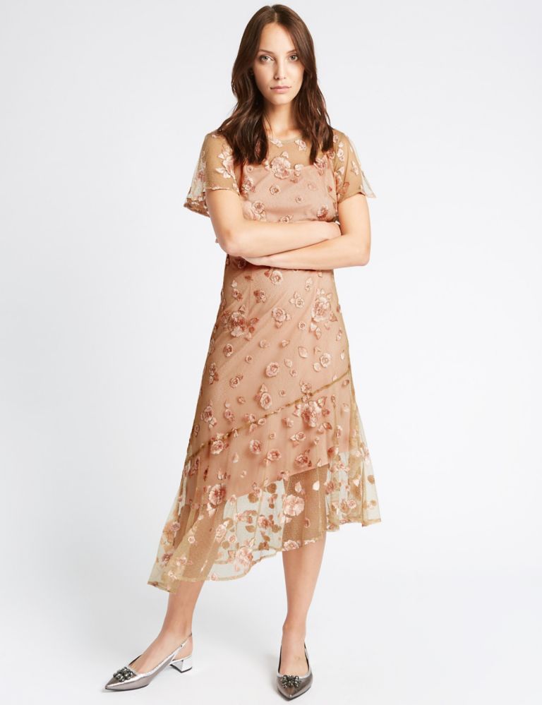 Embroidered Short Sleeve Midi Dress 1 of 5