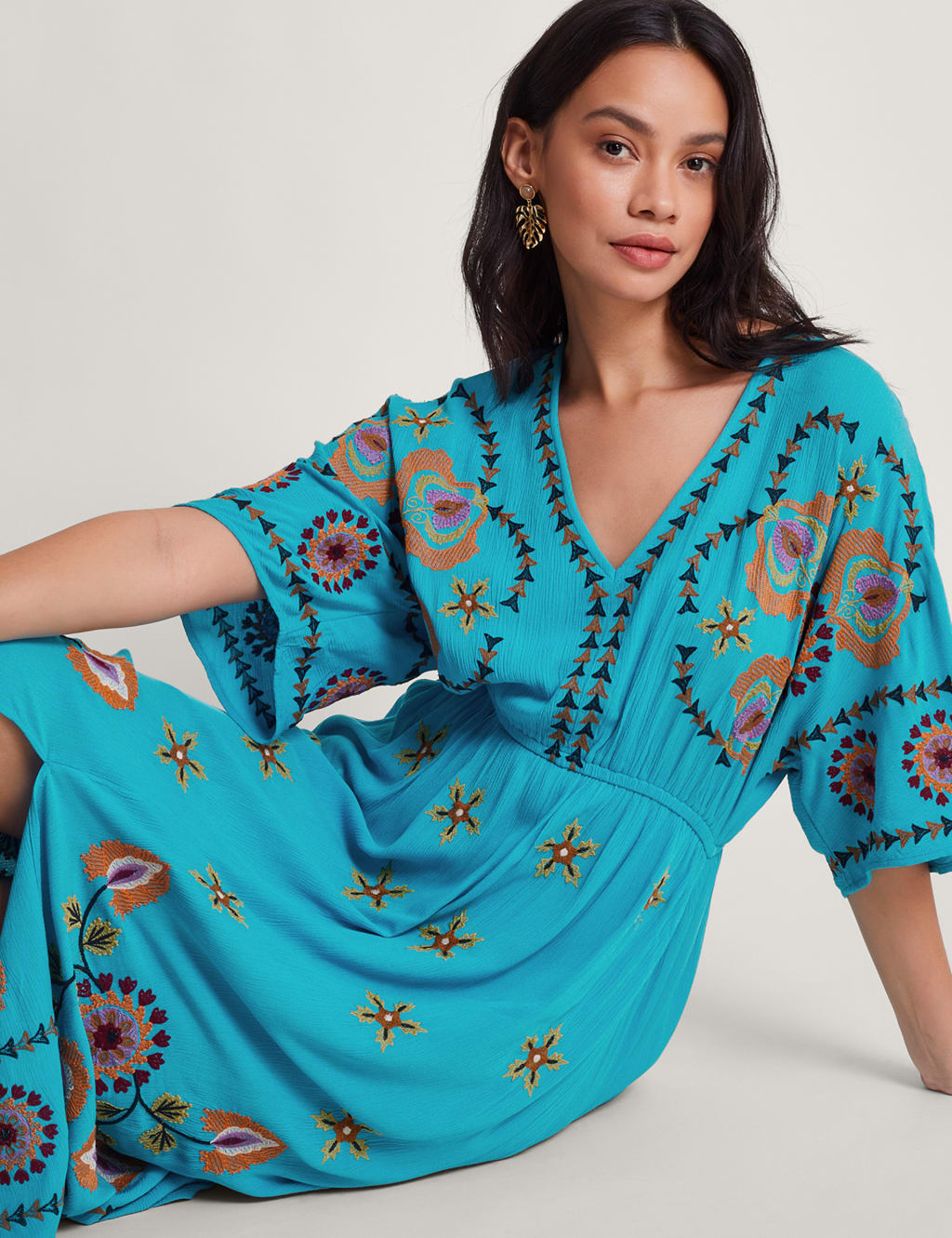 Embroidered VNeck Maxi Waisted Dress Monsoon M&S