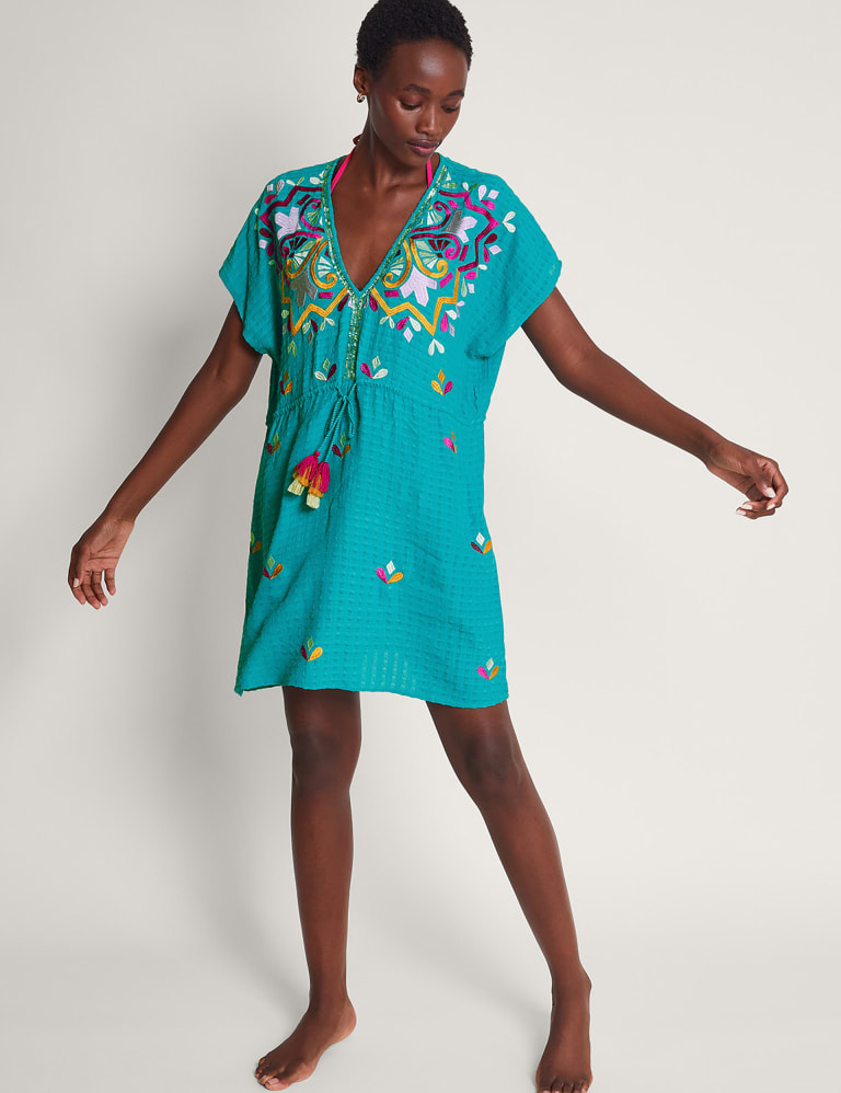 Embroidered V-Neck Mini Kaftan Beach Dress 1 of 5