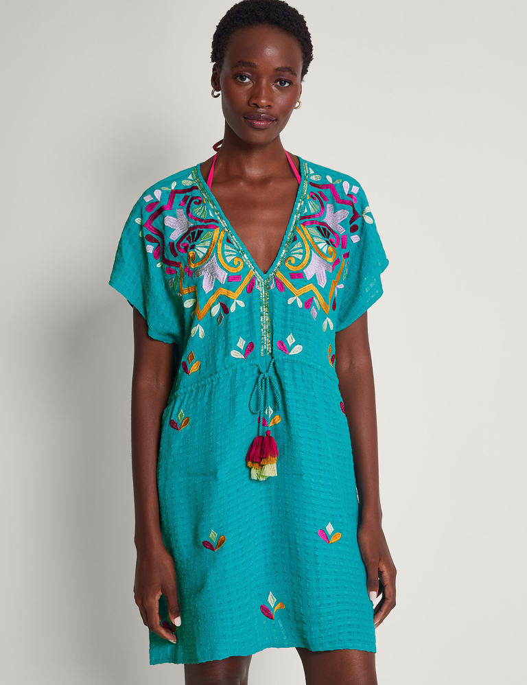 Embroidered V Neck Mini Kaftan Beach Dress