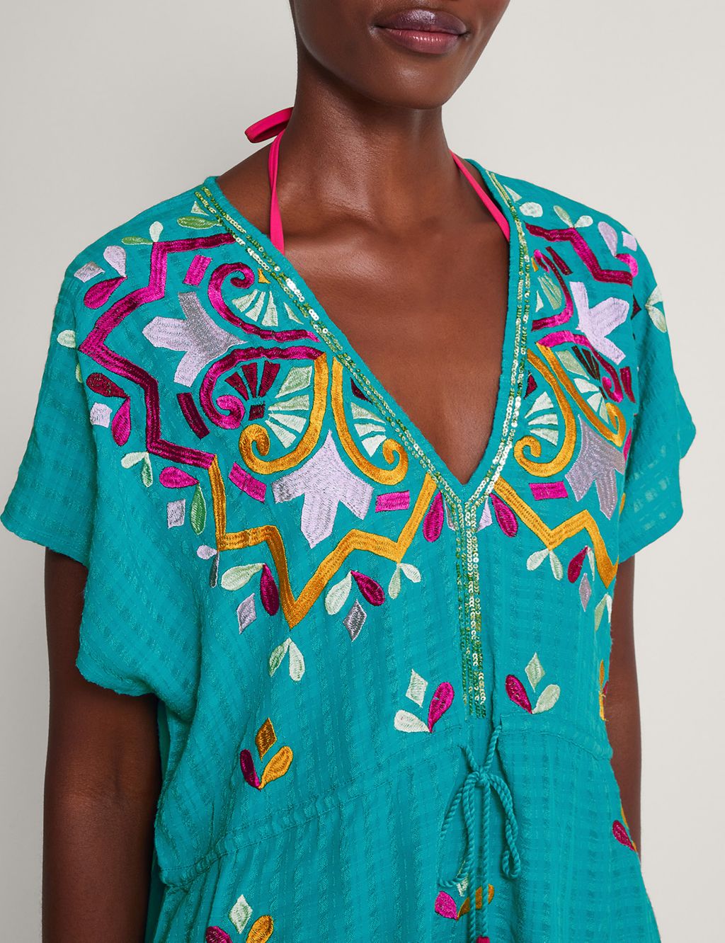 Embroidered V-Neck Mini Kaftan Beach Dress 5 of 5