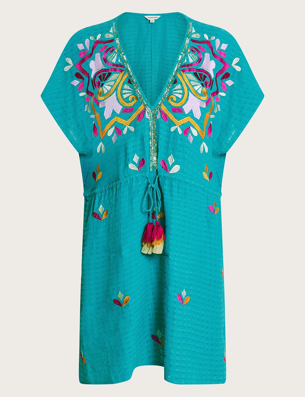 Embroidered V-Neck Mini Kaftan Beach Dress 1 of 5