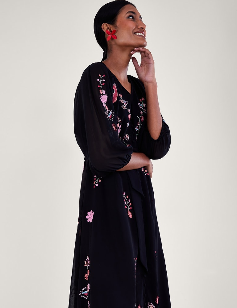 Embroidered V Neck Tie Waist Midi Tea Dress Monsoon M S
