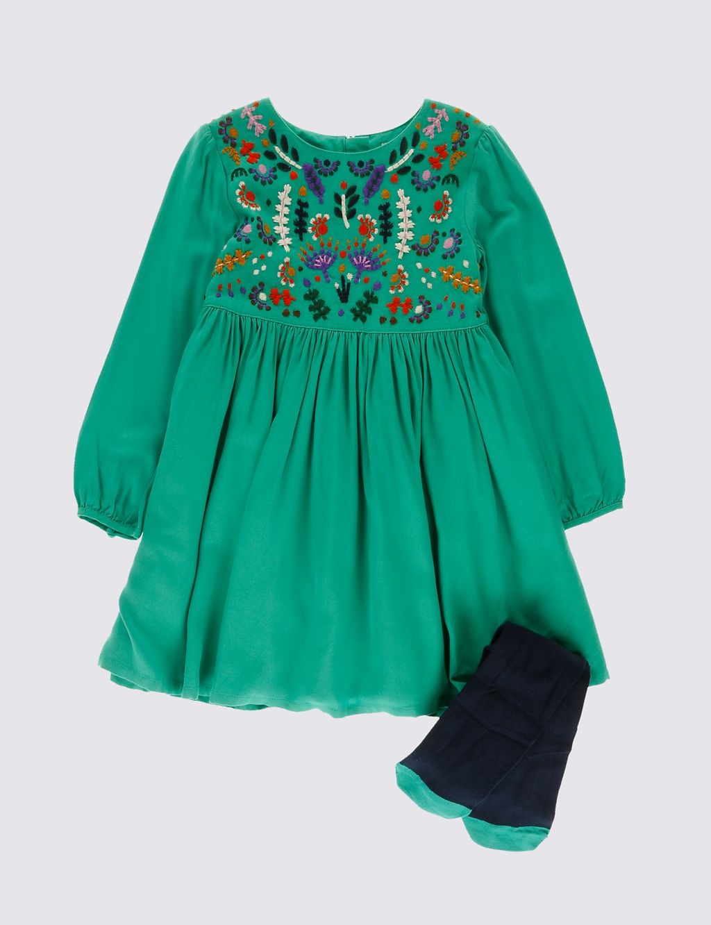 Embroidered Woven Dress with Tights (1-7 Years) 1 of 5