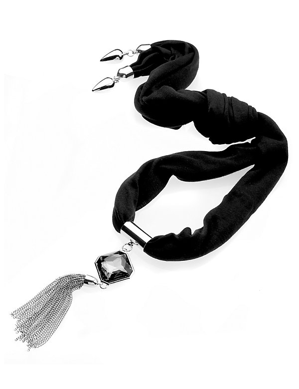 Gem Embellished Tassel Scarf Necklace - HK