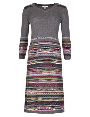 Fair Isle 3/4 Sleeve Knitted Tunic Dress with Wool Image 2 of 4