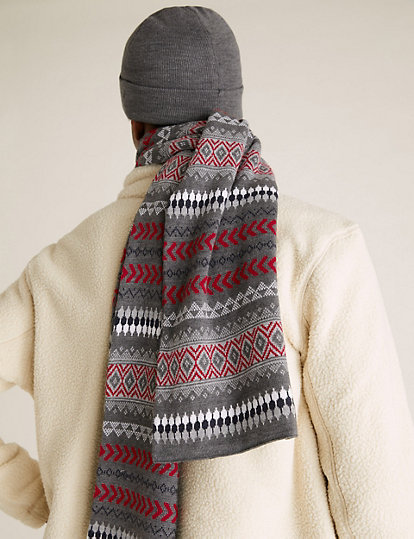 Unisex Adult Fairisle Design Knitted Warm Winter Hat & Scarf Set 