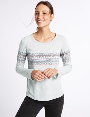 Fairisle Print Long Sleeve T-Shirt, M&S Collection