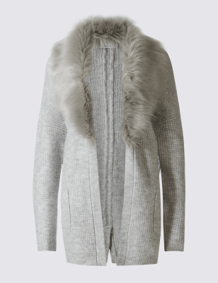 grey cardigan with fur collar