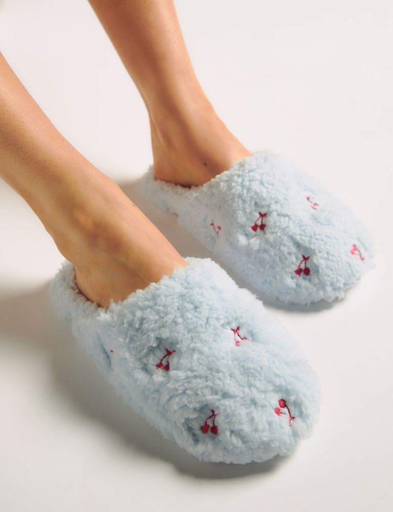 Faux Fur Cherry Embroidered Mule Slippers 1 of 5