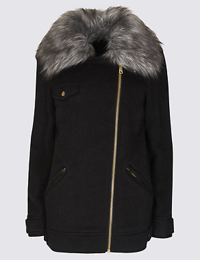 Faux Fur Collar Coat with Brushed Wool Image 2 of 4