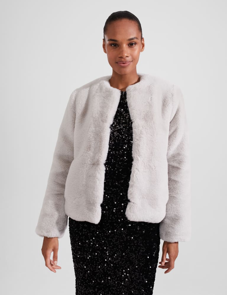 Collarless faux fur coat discount