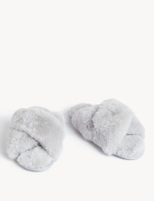 Faux Fur Crossover Slider Slippers Image 2 of 3