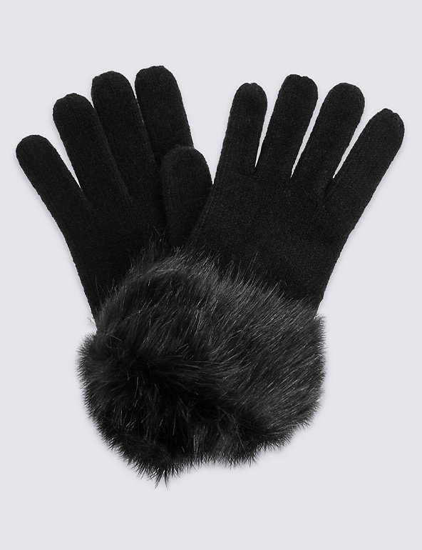 Faux Fur Cuff Winter Knitted Gloves Image 1 of 2