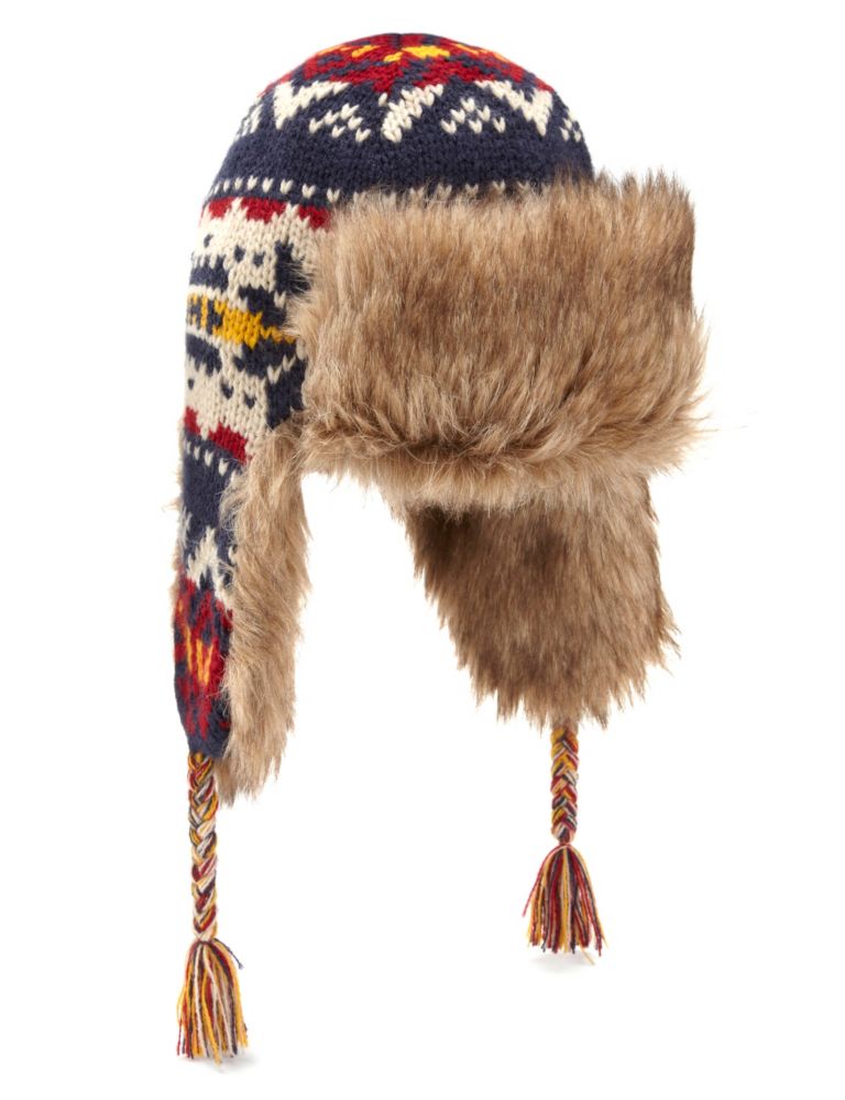 Faux Fur Fair Isle Trapper Hat (Younger Boys) 1 of 1