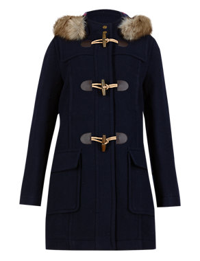 Faux Fur Hooded Duffle Coat with Wool | Indigo Collection | M&S