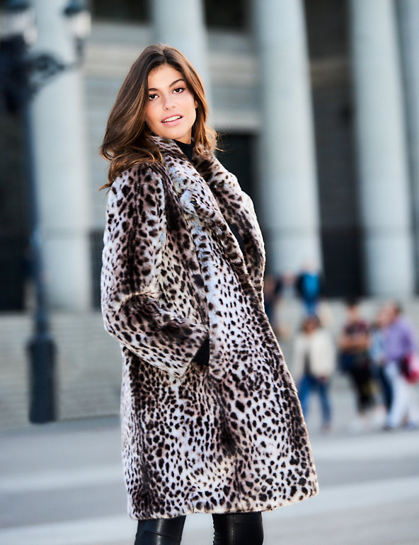 Faux Fur Leopard Print Coat Sosandar, Cheetah Faux Fur Coat With Hoodie