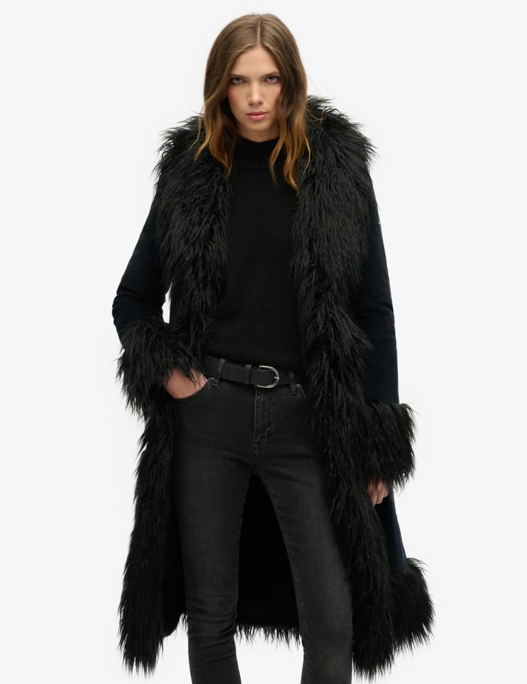 Superdry Faux Fur Lined Longline Afghan Coat - Women's Womens Jackets