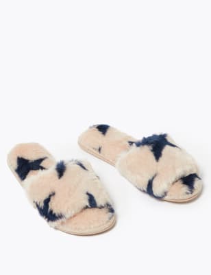 Faux Fur Open Toe Mule Slippers M S Collection M S