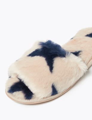 f&f faux fur open toe mule slippers