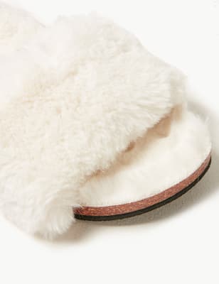 cream fur sliders