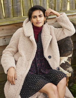 m&s pink faux fur coat