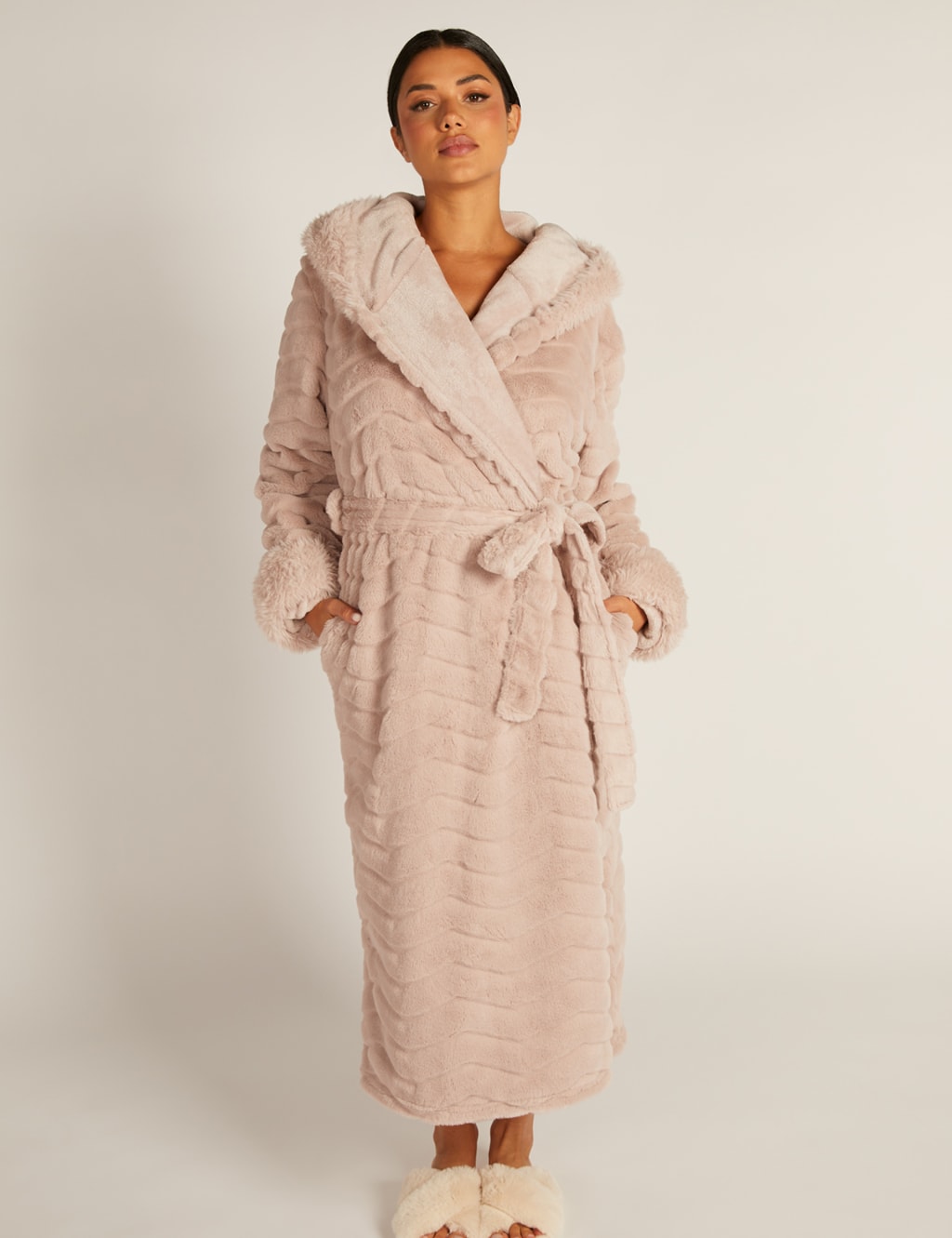 Faux Fur Textured Hooded Long Dressing Gown Boux Avenue M&S
