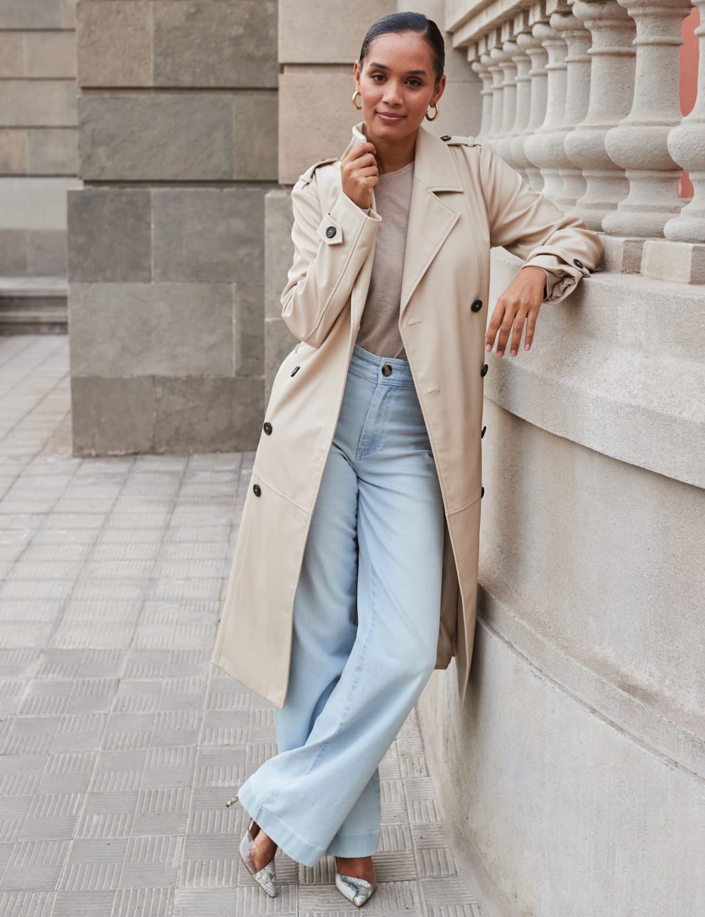 Tailored Faux Leather Belted Trench Coat