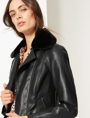 Womens leather jacket on sale with faux fur collar