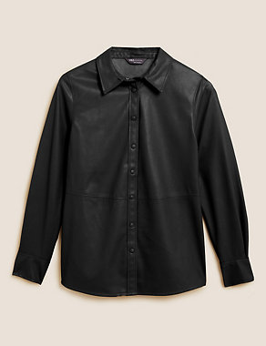 Faux Leather Collared Long Sleeve Shirt Image 2 of 6
