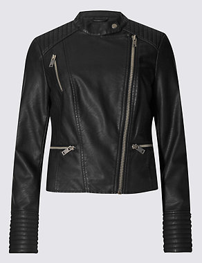 Faux Leather Collarless Jacket Image 2 of 4