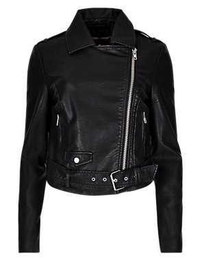 Faux Leather Cropped Biker Jacket with Belt Image 2 of 4