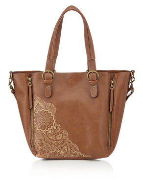 Faux Leather Etched Floral Shopper Bag Image 2 of 6