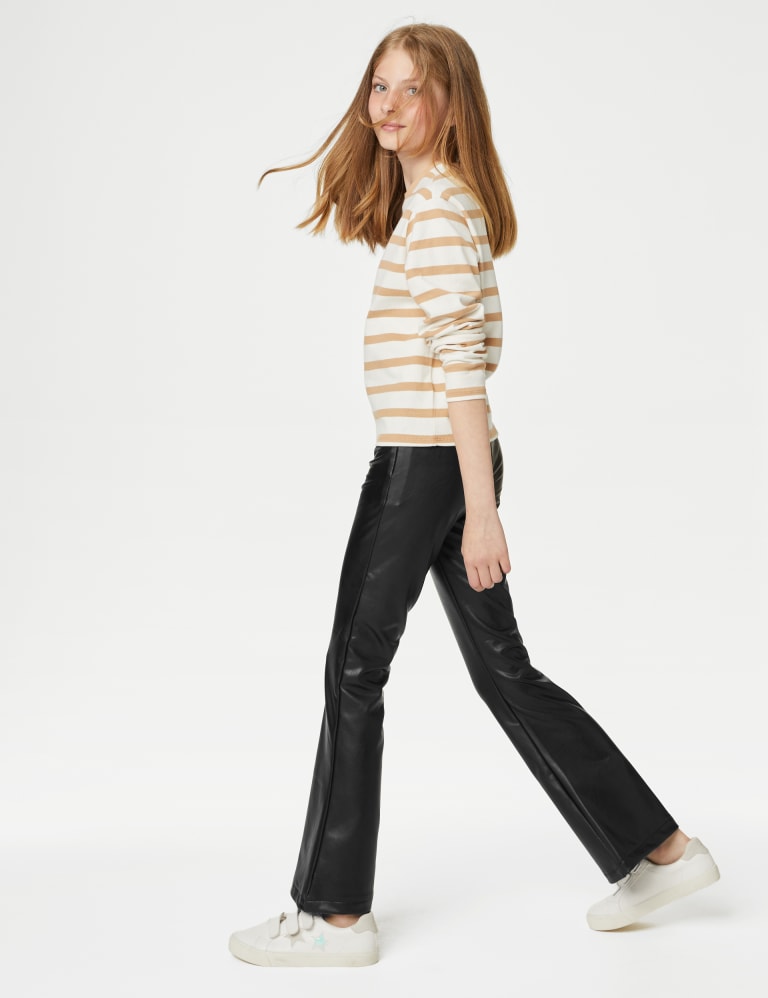 Black faux leather flared trousers store