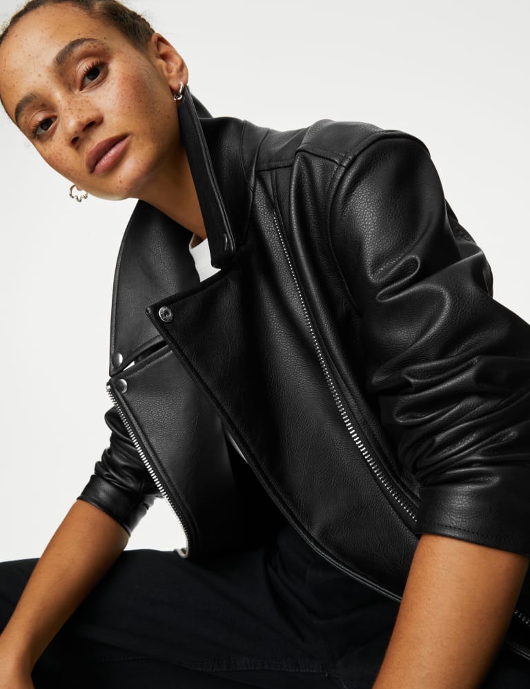 Faux leather zippered discount jacket