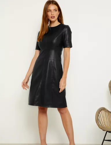 Faux Leather Knee Length Shift Dress 2 of 5