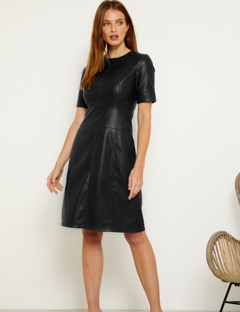 Faux Leather Knee Length Shift Dress 1 of 5