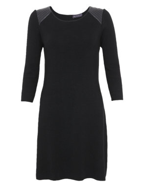 Faux Leather Panelled Yoke Knitted Dress Image 2 of 5