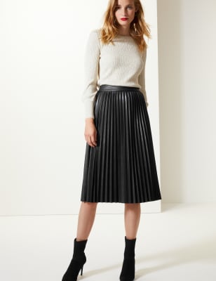 Marks And Spencer Faux Leather Pleated Midi Skirt Size 16 Regbnwt Womens Faux Leather Skirts 1637