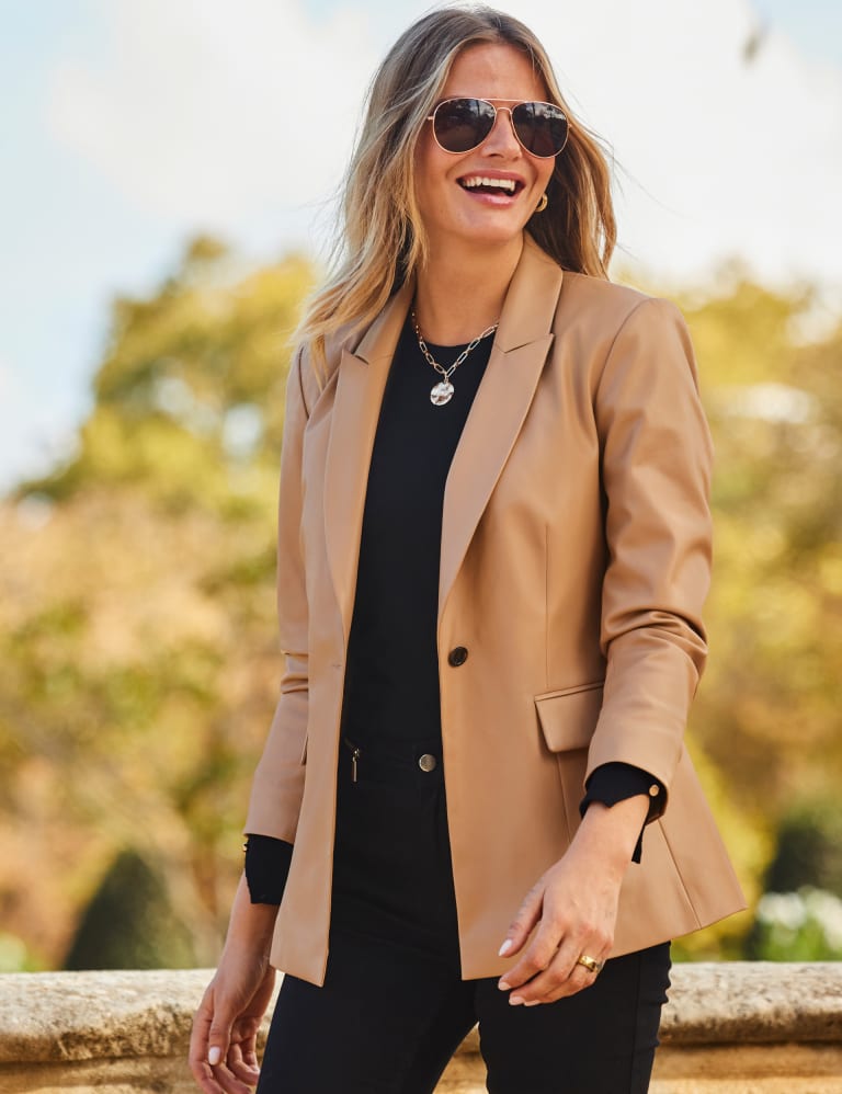 Faux leather sleeve blazer top
